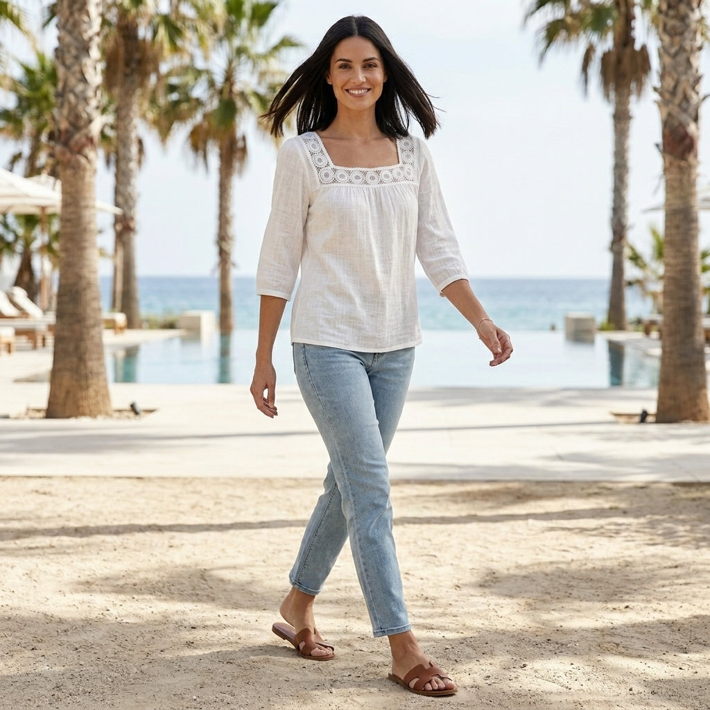 Women’s summer blouse with square neck and lace details, stylish top for warm weather, by My Store.