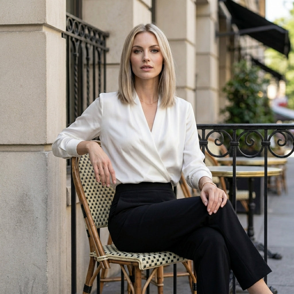 V-neck long sleeve satin summer blouse for women, casual stylish top, worn in a relaxed lifestyle setting