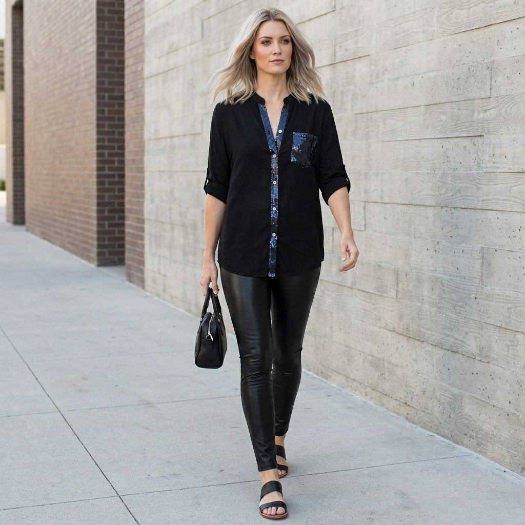 Women’s summer V-neck denim blouse with button front, styled with rolled sleeves for a casual, chic look.