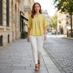 Women’s summer linen blouse from My Store, flowy and lightweight, worn casually outdoors with a relaxed fit and short sleeves.