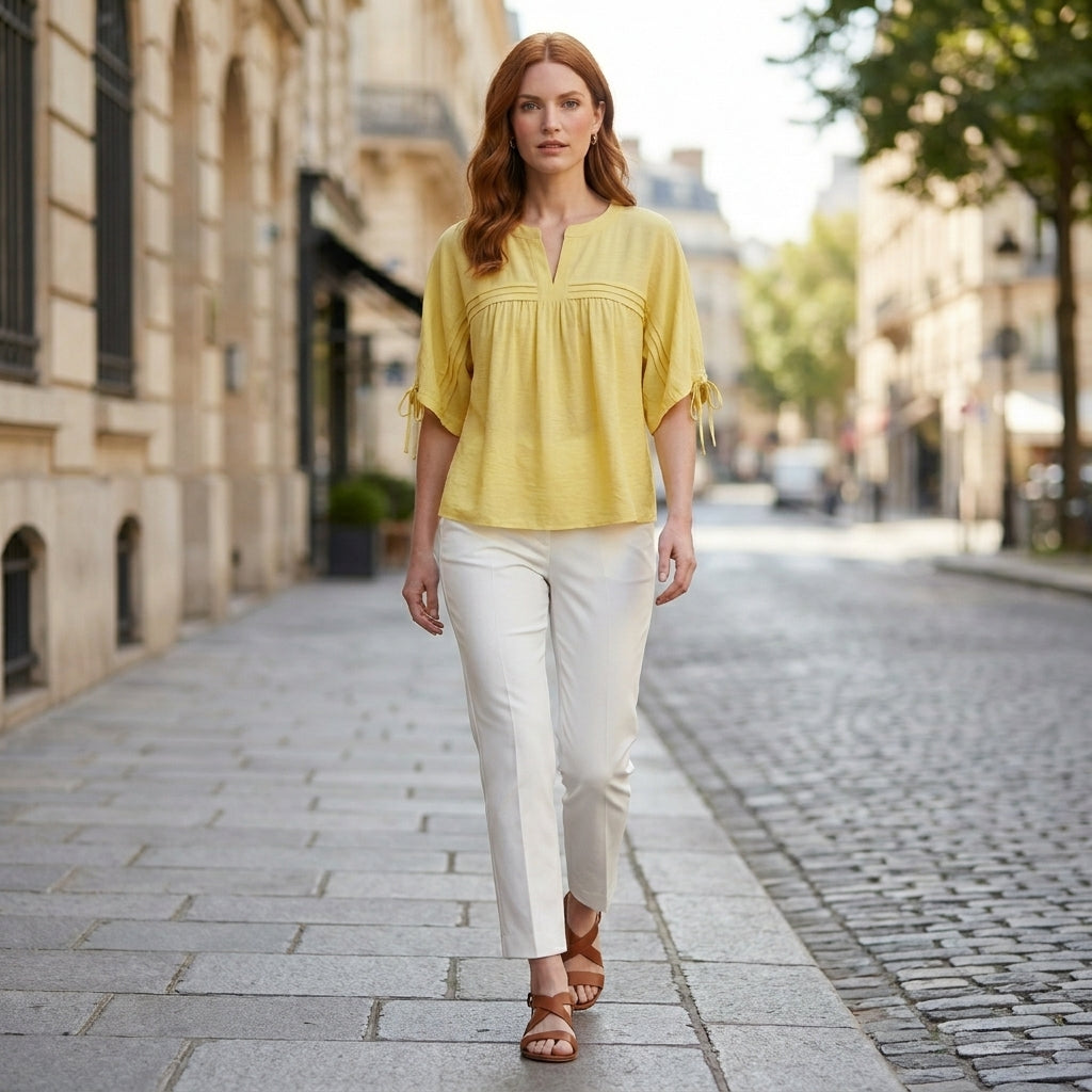 Women’s summer linen blouse from My Store, flowy and lightweight, worn casually outdoors with a relaxed fit and short sleeves.