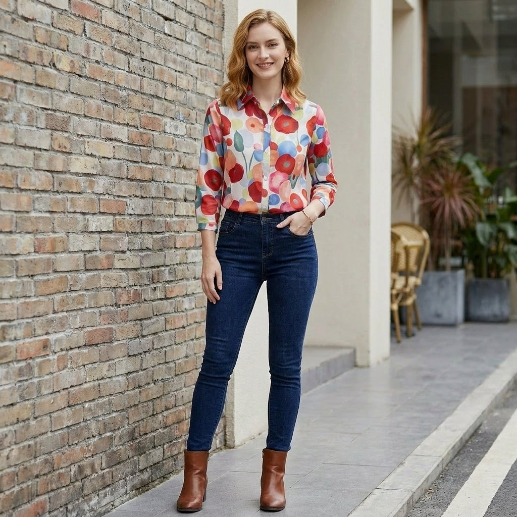 Women’s floral long sleeve denim summer blouse, stylish and casual, worn outdoors with greenery in the background.