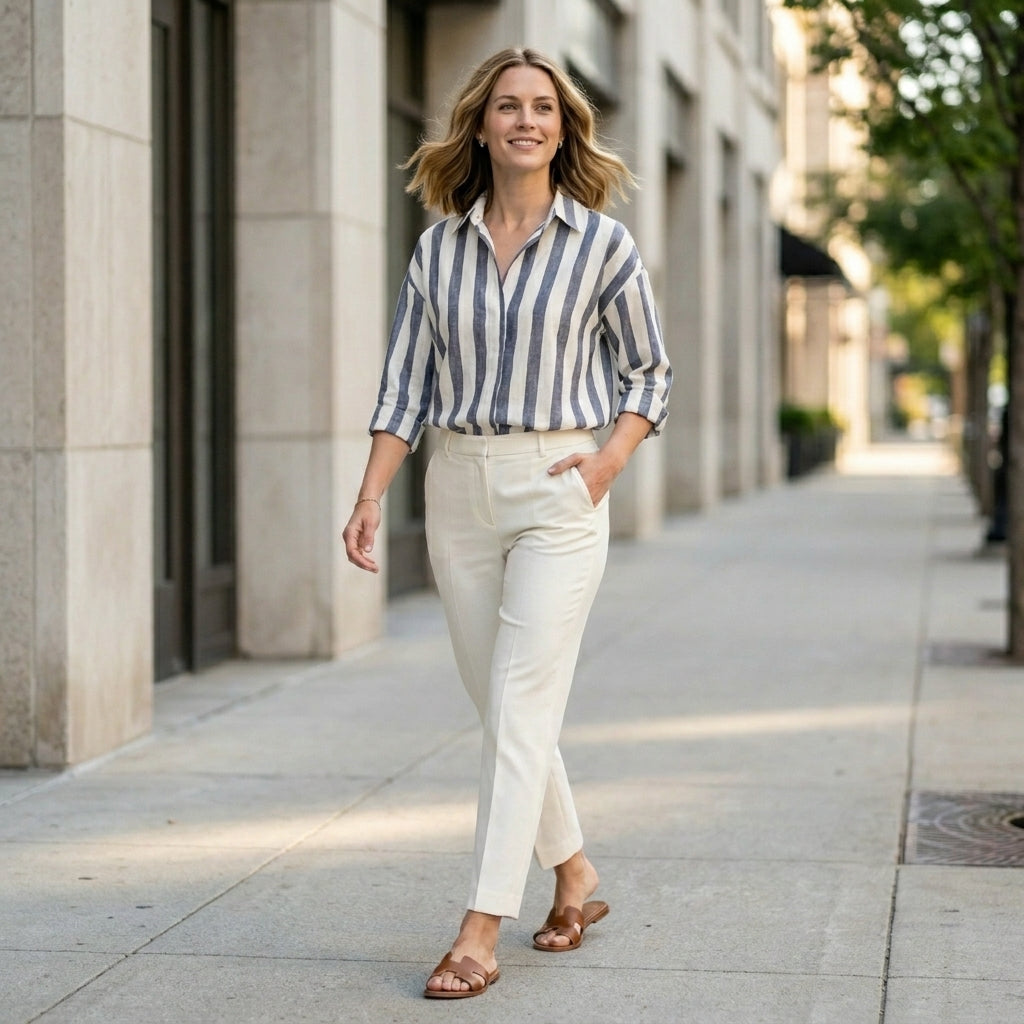 Women's striped summer blouse with long sleeves, casual top from My Store worn in a relaxed lifestyle setting.