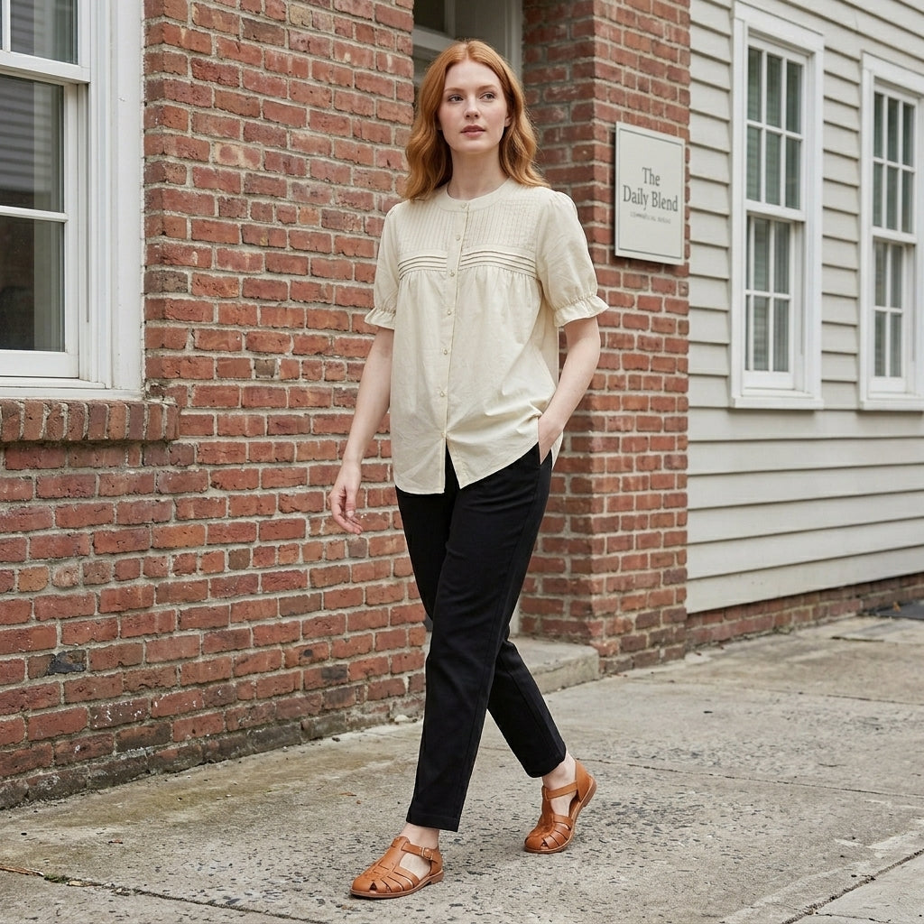 Women’s summer blouse with puff sleeves, denim fabric, and button front, styled casually in a lifestyle setting.