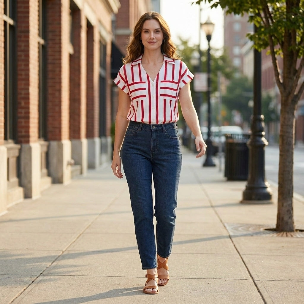 Women’s striped V-neck summer blouse, stylish and lightweight top for women, featuring casual fit and vibrant stripe pattern.