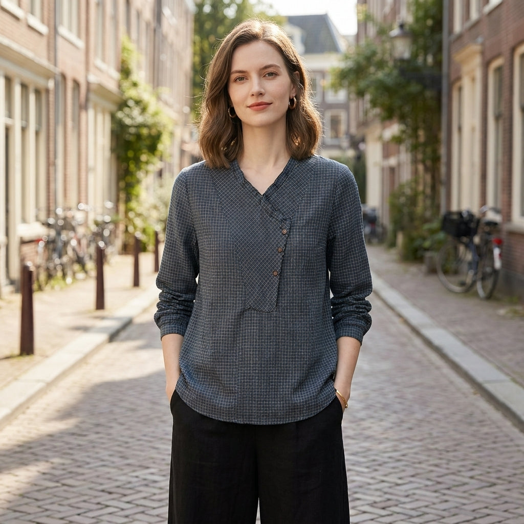 Women's summer blouse by My Store featuring geometric long sleeves, styled with a casual, modern look in a lifestyle setting.