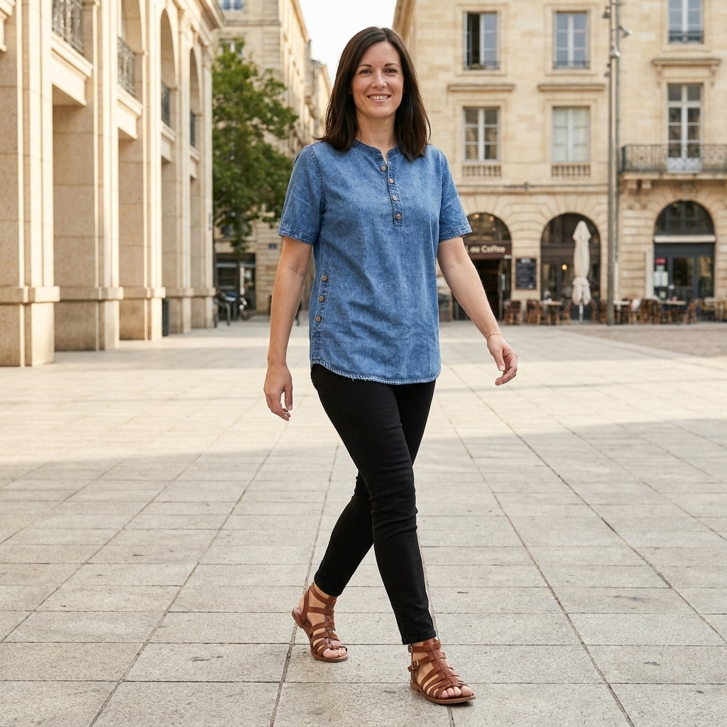 Woman wearing a stylish denim summer top with button front in a casual outdoor setting