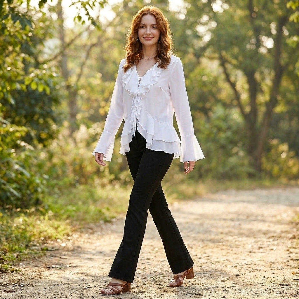 Women’s summer blouse with bell sleeves in denim, stylish casual top for warm weather, featuring a relaxed fit and trendy design.