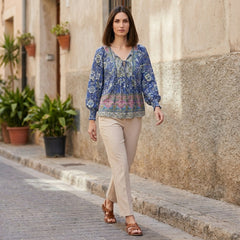 Women’s floral summer blouse with long sleeves and linen fabric, stylish top from My Store, perfect for warm weather.