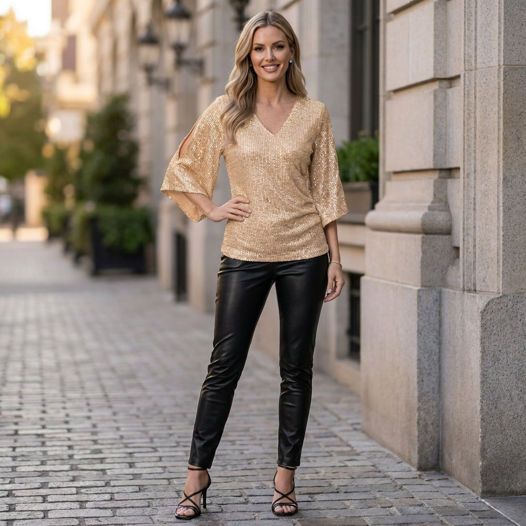 V-neck sequin summer blouse for women featuring shimmering sequins, stylishly worn with casual accessories and outdoor setting.