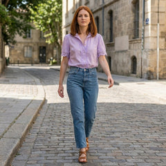 V-neck short sleeve lace summer blouse for women, lightweight and stylish, shown worn casually in a lifestyle setting.