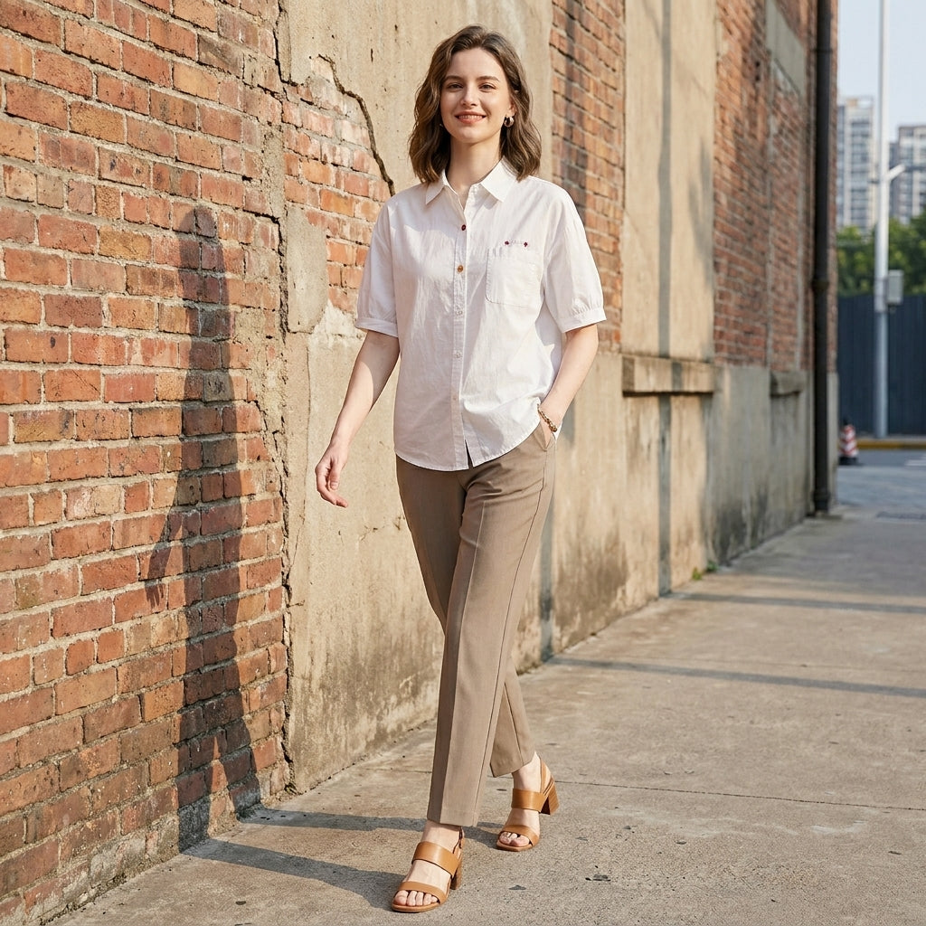 Light blue denim summer blouse for women with puff sleeves and button front, casual style perfect for warm-weather outfits.