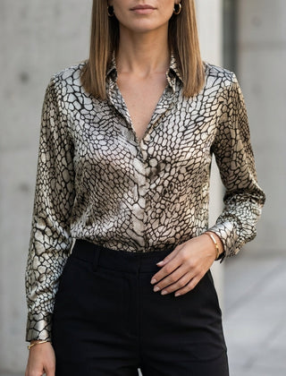 Light gray summer blouse for women with long sleeves and print design, stylish casual top from My Store.