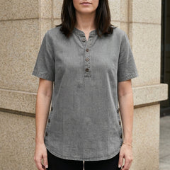 Light gray women's summer denim top with button front, stylish and casual, perfect for warm weather.