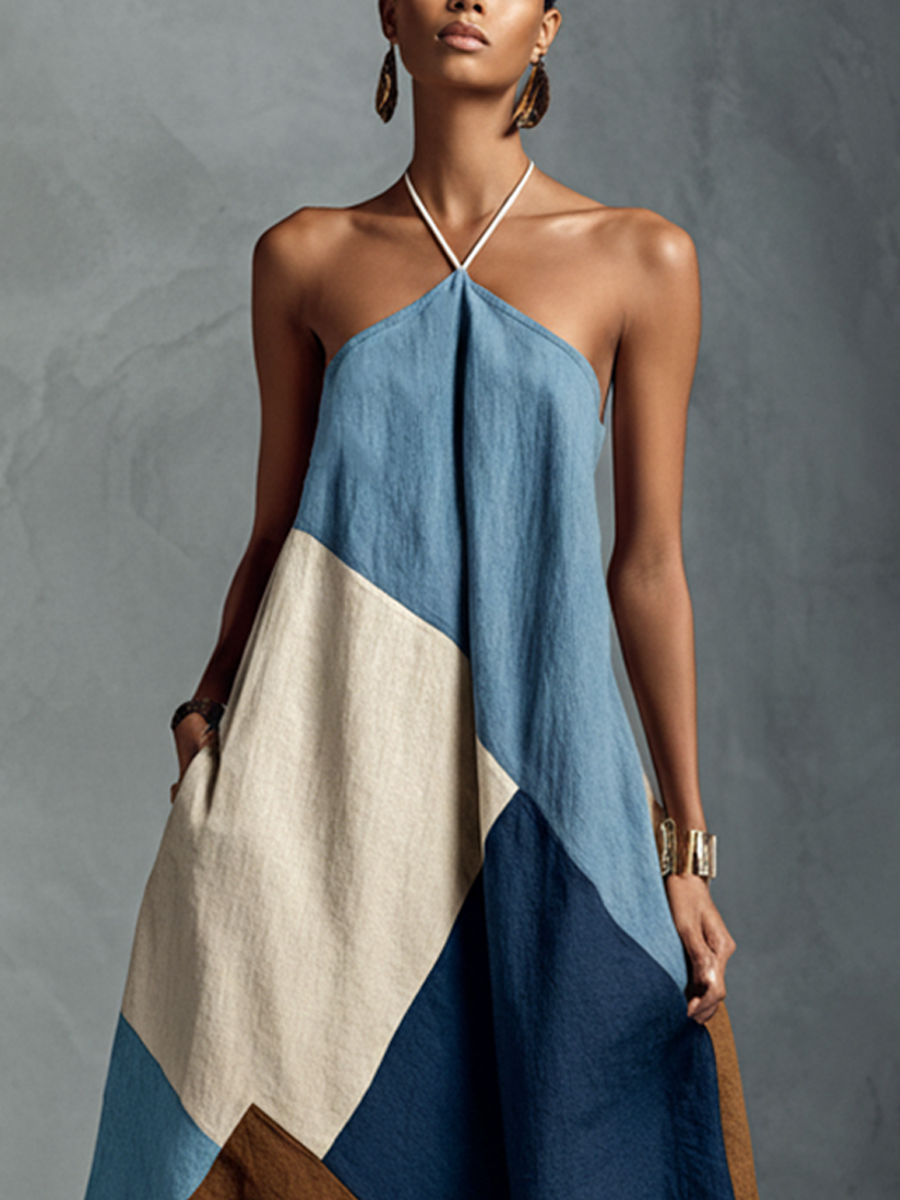 Linen patchwork maxi dress by My Store featuring casual, flowing design with a patchwork pattern and sleeveless style.