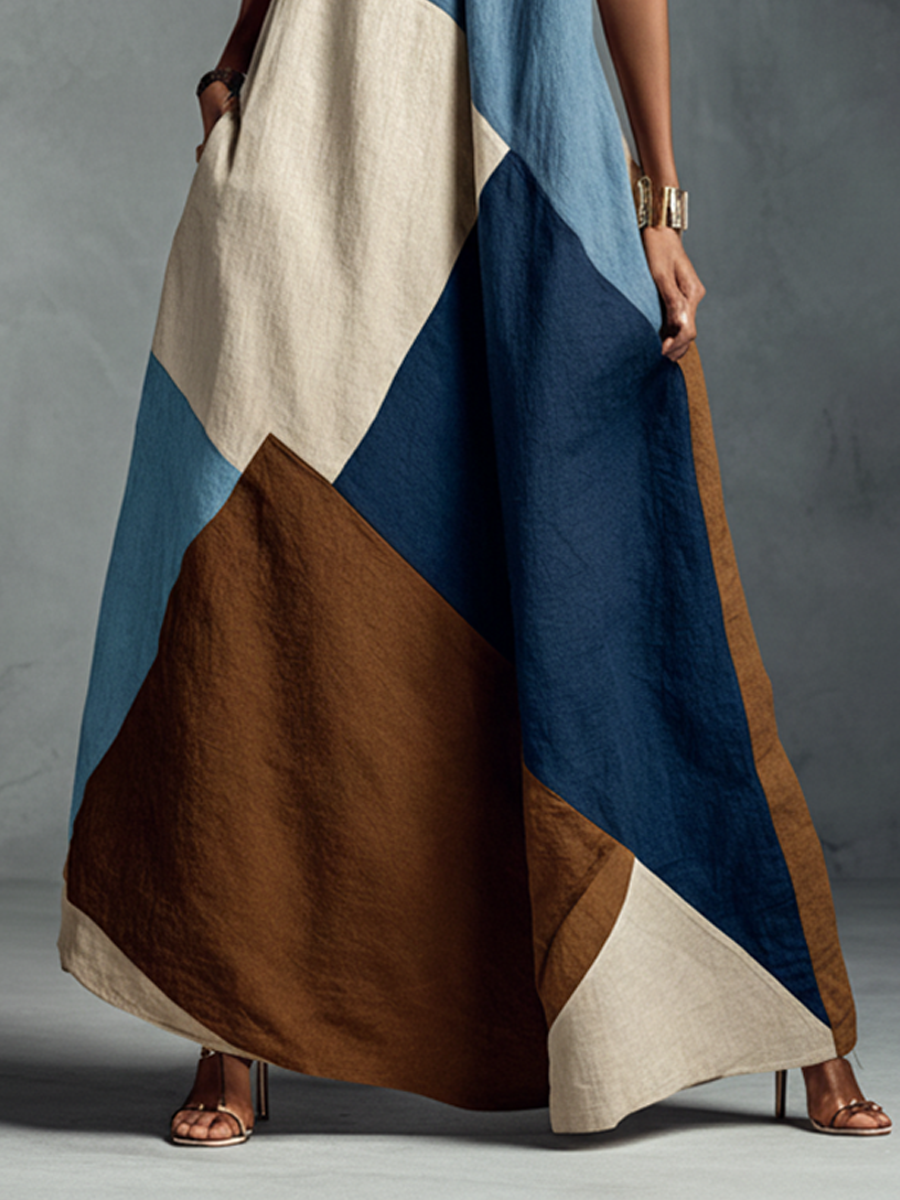 Linen patchwork maxi dress from My Store featuring a casual, flowing design with patchwork details and a relaxed fit.