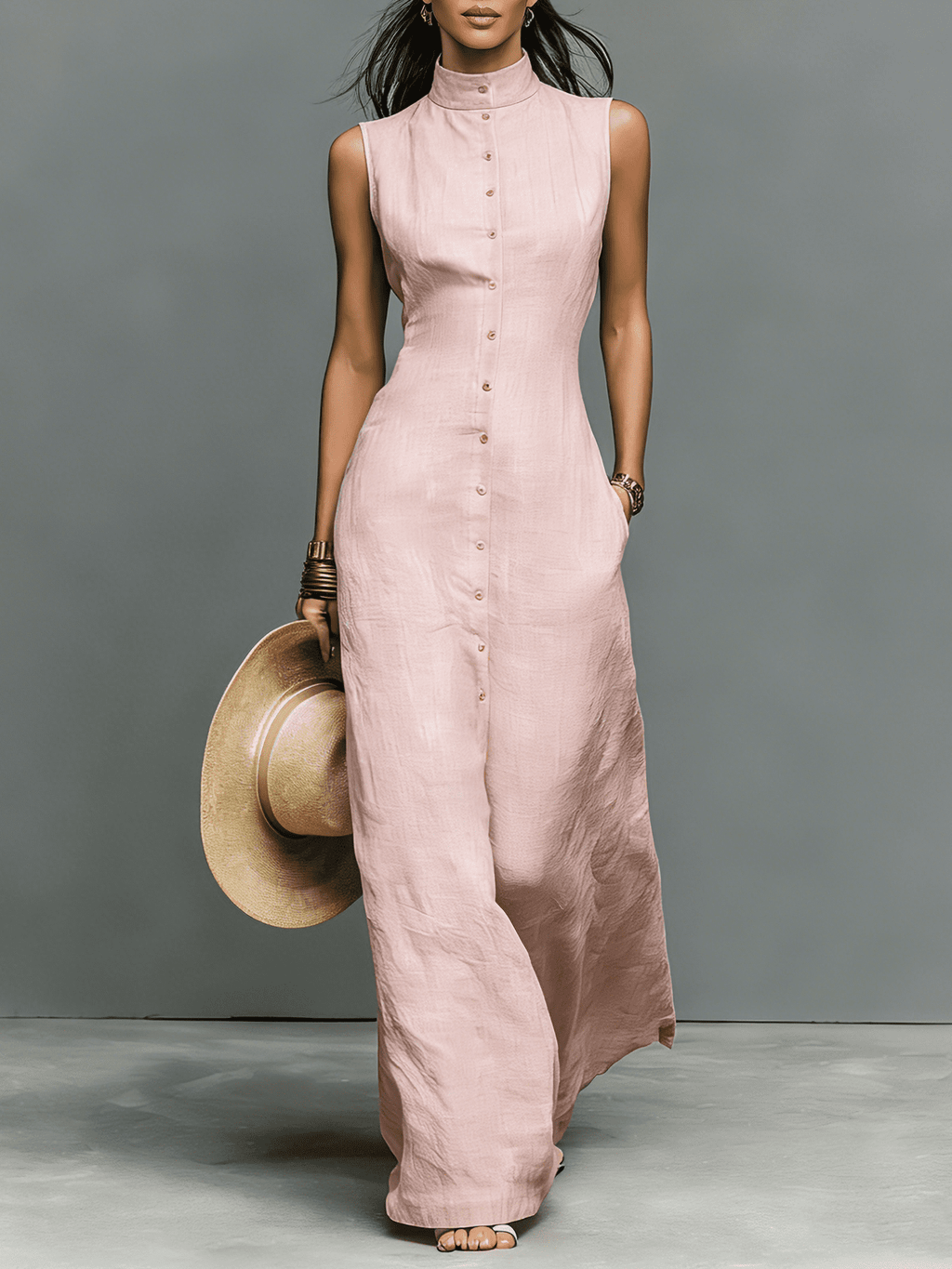 Tammy Bradley sleeveless linen maxi dress for women, flowing lightweight dress with a relaxed fit and natural fabric texture.