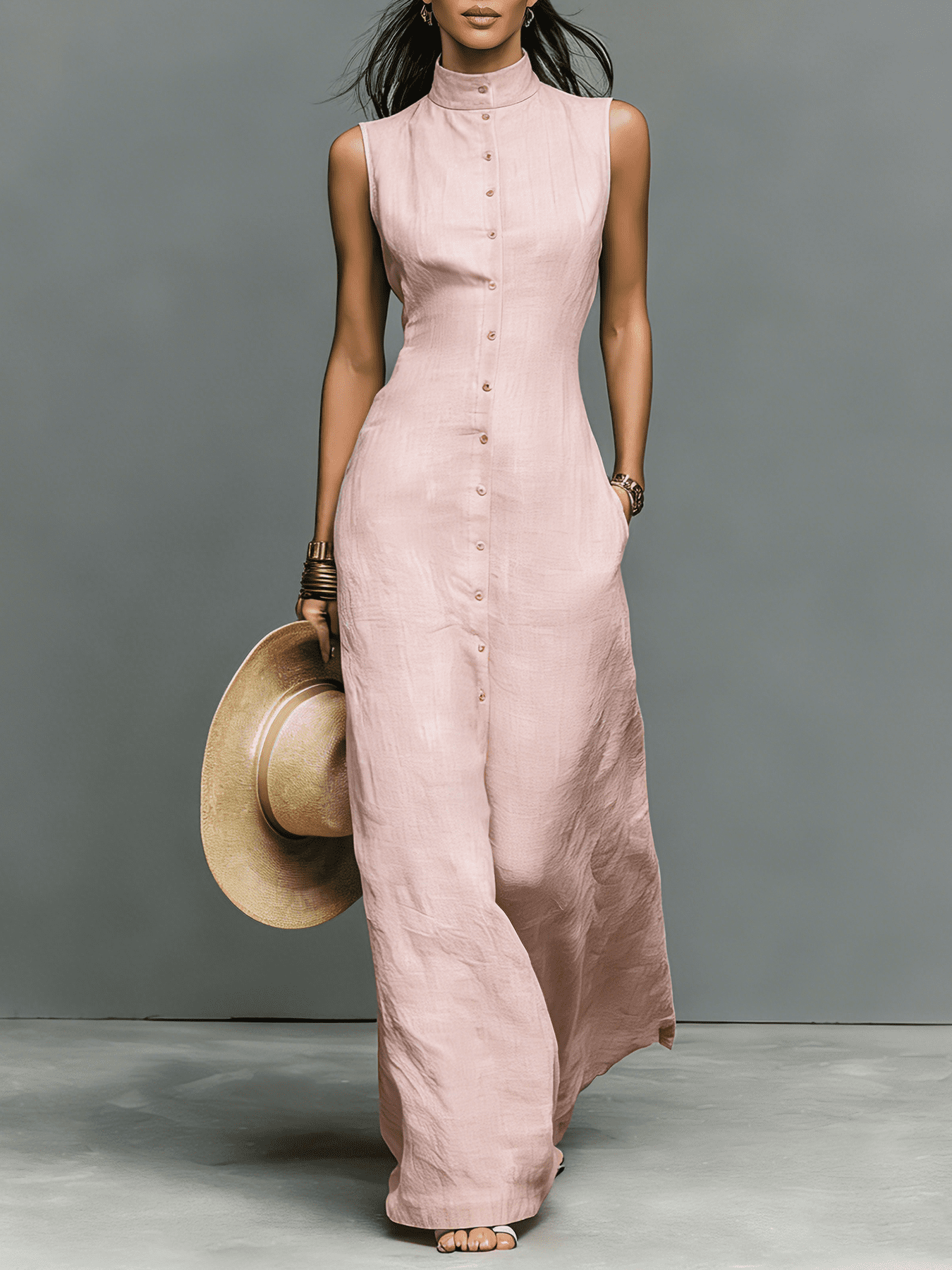 Tammy Bradley sleeveless linen maxi dress for women, flowing lightweight dress with a relaxed fit and natural fabric texture.
