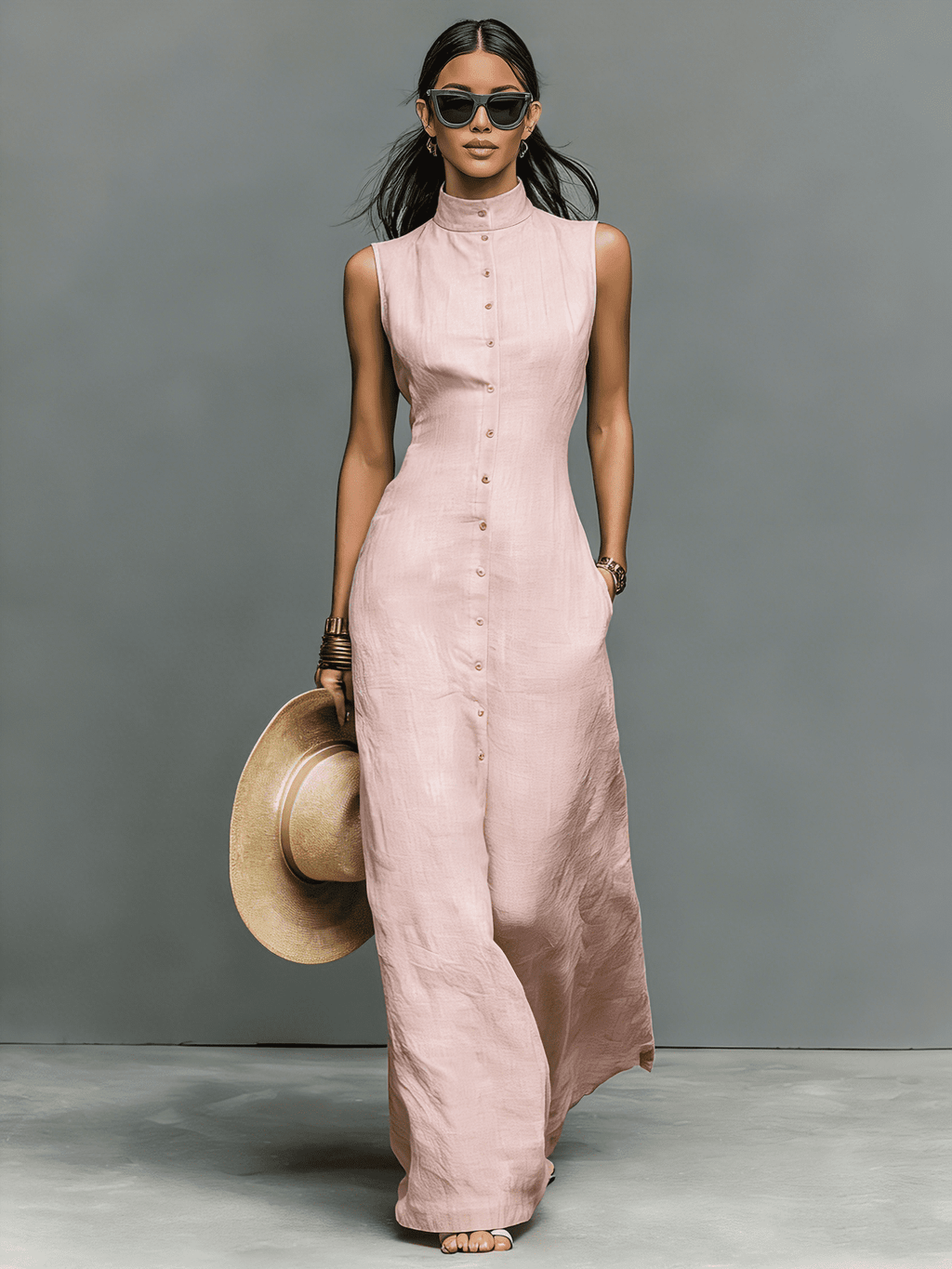 Women’s sleeveless linen maxi dress by Tammy Bradley featuring a flowing silhouette and lightweight fabric.