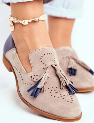 Women's orthopedic loafers with tassels, pointed toe, arch support, handmade, breathable, and stylish for spring.