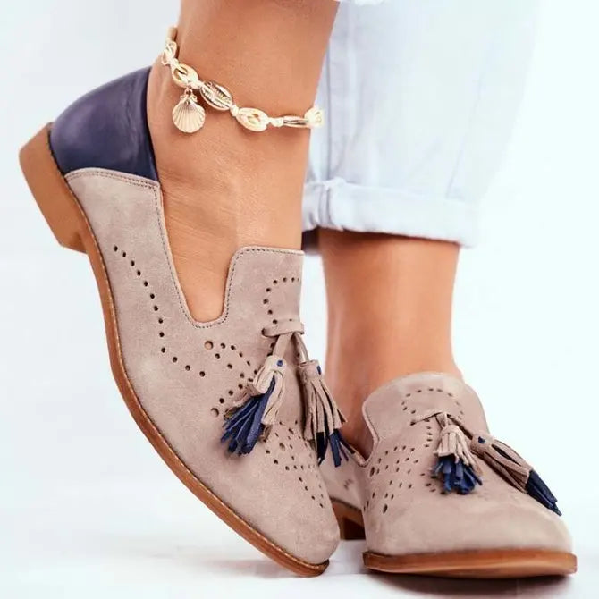 Women's orthopedic loafers by My Store with tassels, pointed toe, arch support, handmade carved design, breathable and comfortable.