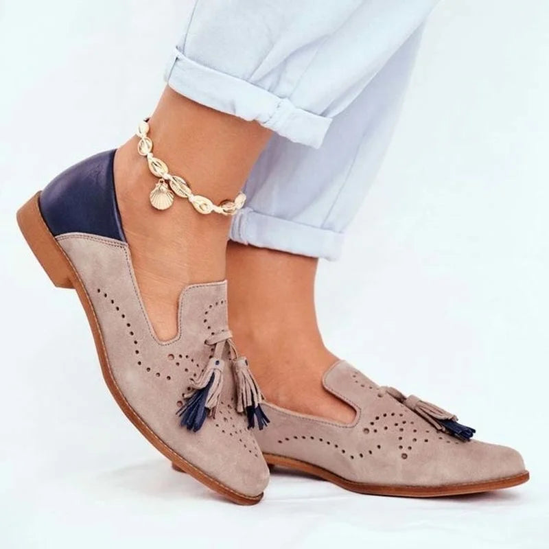 Women's orthopedic loafers with tassels by My Store, featuring arch support, pointed toe, handmade craftsmanship, and breathable material.
