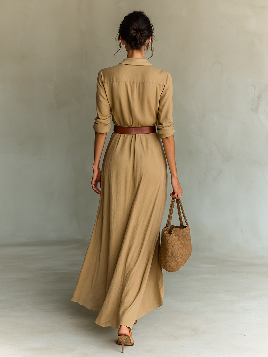 Long sleeve maxi dress for women, stylish and flowing, featuring a fitted waist and elegant design in a solid color.