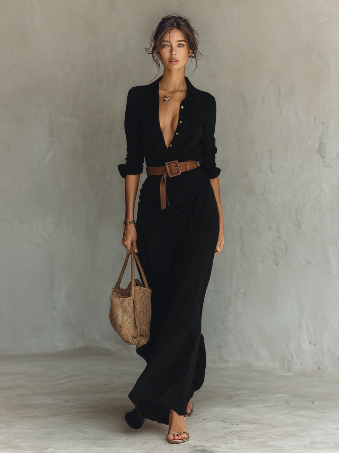 Long sleeve maxi dress for women by My Store, flowing fabric, fitted waist, and elegant design perfect for casual or formal wear.