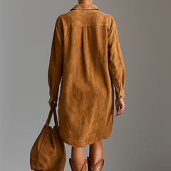 Red suede V-neck midi dress for women, showcasing a stylish, fitted design with long sleeves and elegant midi length.