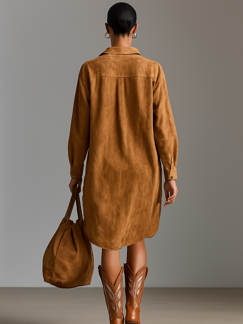 Red suede V-neck midi dress for women, showcasing a stylish, fitted design with long sleeves and elegant midi length.