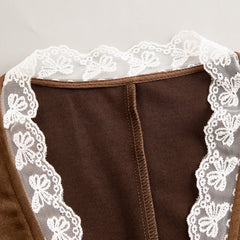 Brown suede lace sleeve Western shirt for women, stylish blouse with lace details and Western-inspired design.