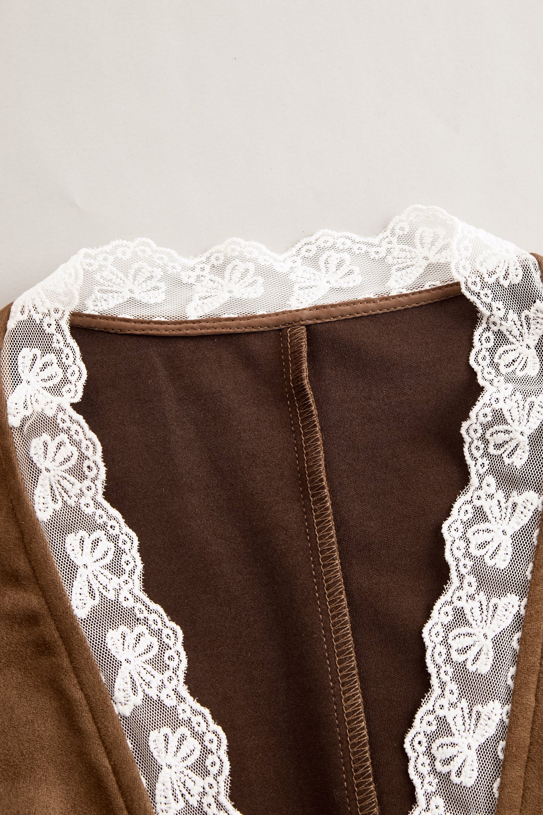 Brown suede lace sleeve Western shirt for women, stylish blouse with lace details and Western-inspired design.