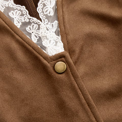 Brown suede lace sleeve western shirt for women, stylish blouse with lace accents and long sleeves, perfect for casual or western fashion.