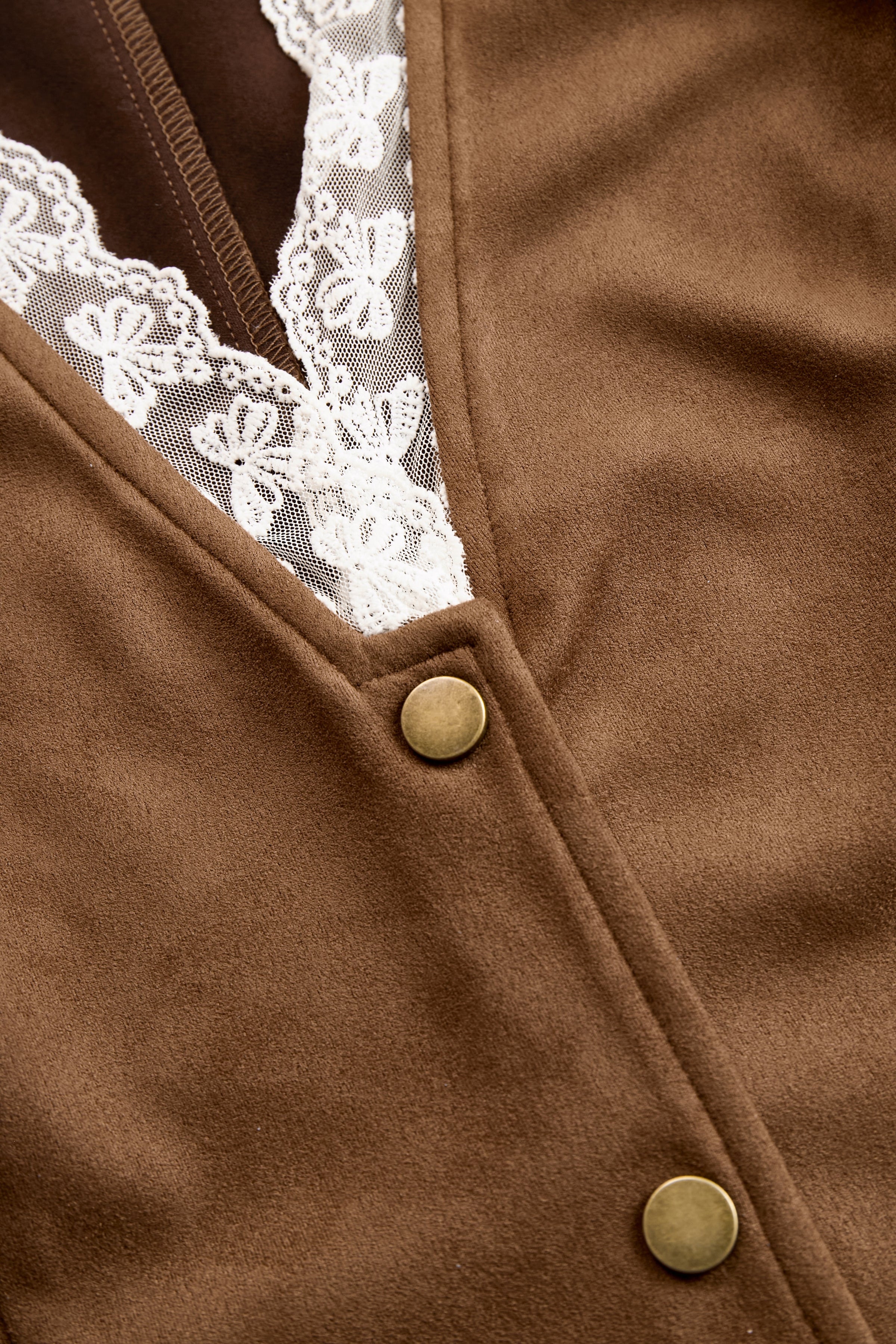 Brown suede lace sleeve western shirt for women, stylish blouse with lace accents and long sleeves, perfect for casual or western fashion.
