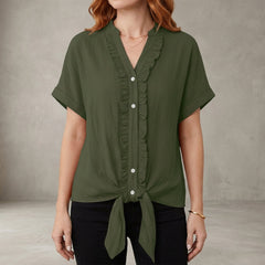 Military green summer blouse for women featuring a V-neck, denim fabric, and ruffle details, casual and stylish top.