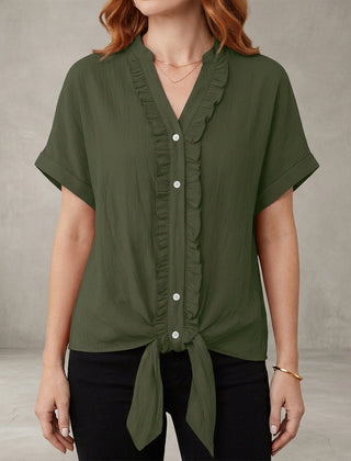 Military green summer blouse for women featuring a V-neck, denim fabric, and ruffle details, casual and stylish top.