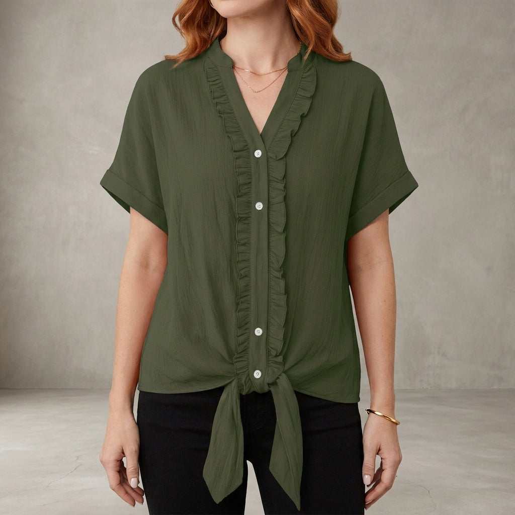 Military green summer blouse for women featuring a V-neck, denim fabric, and ruffle details, casual and stylish top.