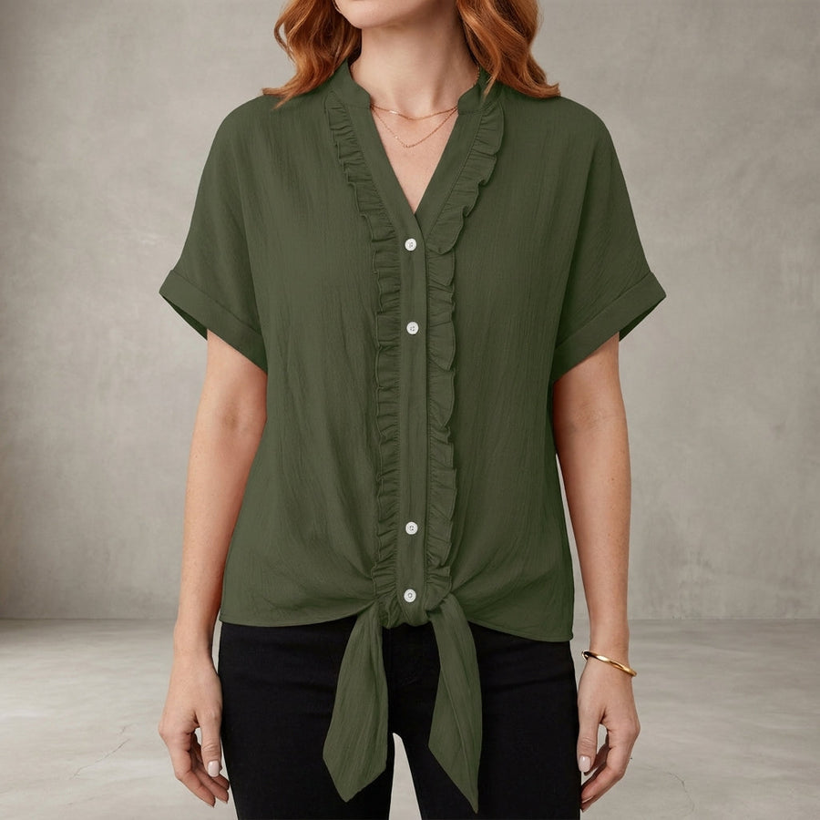 Military green summer blouse for women featuring a V-neck, denim fabric, and ruffle details, casual and stylish top.