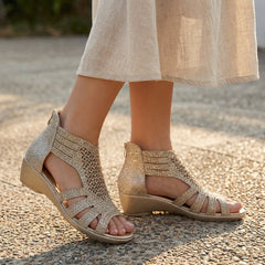 Orthopedic heeled wedge sandals for women with cut-out design, stylish and supportive footwear by My Store.