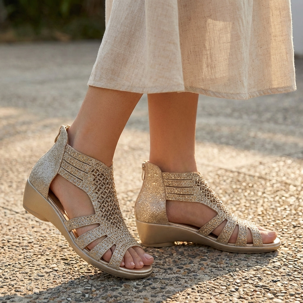 Orthopedic heeled wedge sandals for women with cut-out design, stylish and supportive footwear by My Store.