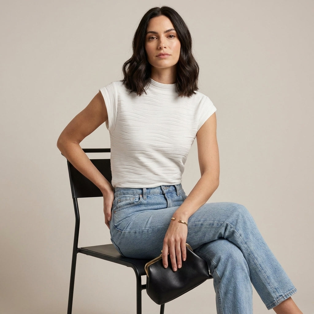 Woman wearing a high neck cap sleeve summer top from My Store, stylish and breathable women's clothing top.