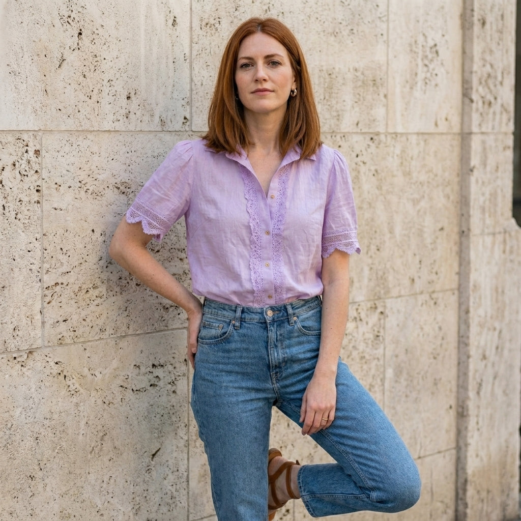 Women's summer blouse by My Store featuring a V-neck, short sleeves, and lace fabric, shown on a model.