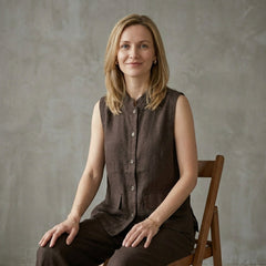 Sleeveless denim summer blouse for women with button front, worn by model, casual stylish top from My Store.