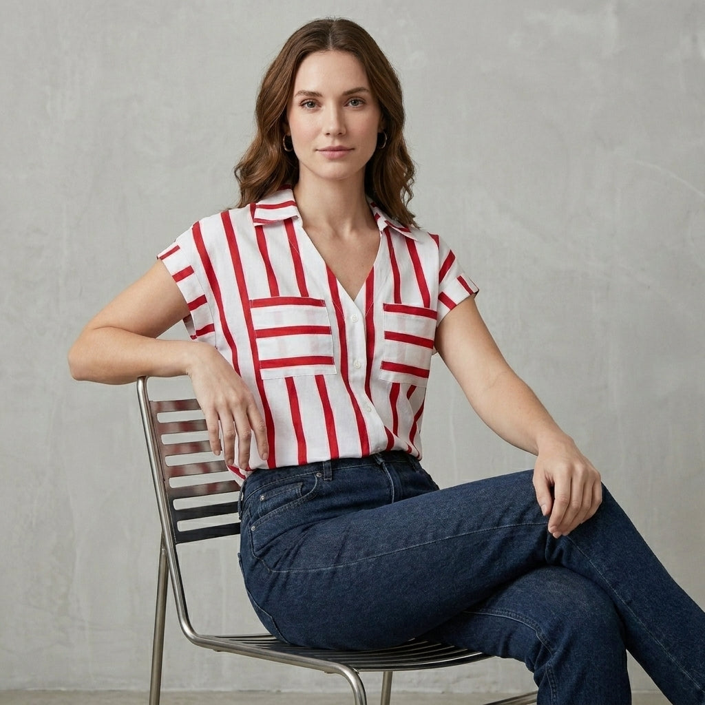 Women’s striped V-neck summer blouse from My Store, worn by model, featuring lightweight fabric and stylish design.
