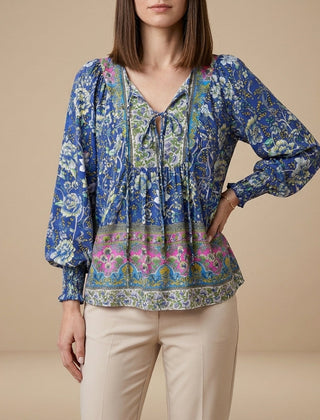 Navy blue floral long sleeve linen summer blouse for women, stylish and lightweight top from My Store.