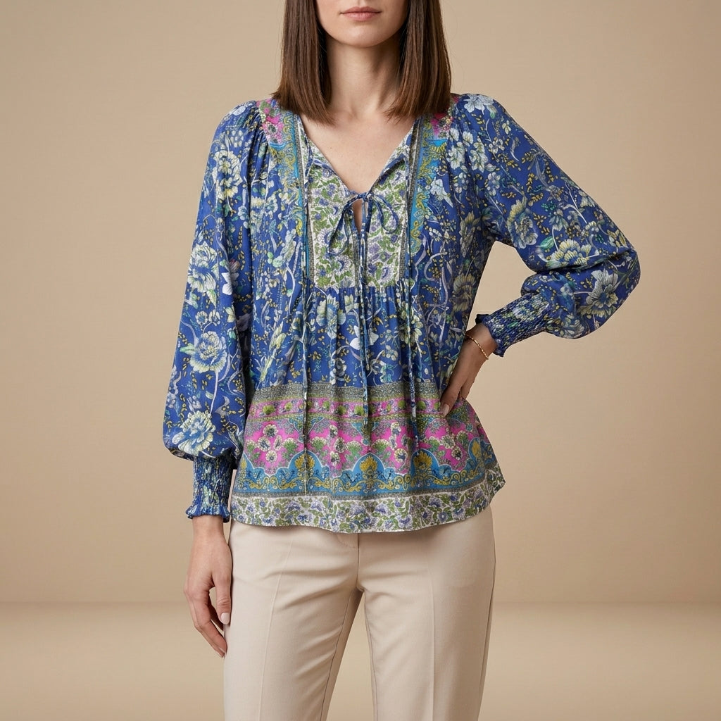 Navy blue floral long sleeve linen summer blouse for women, stylish and lightweight top from My Store.