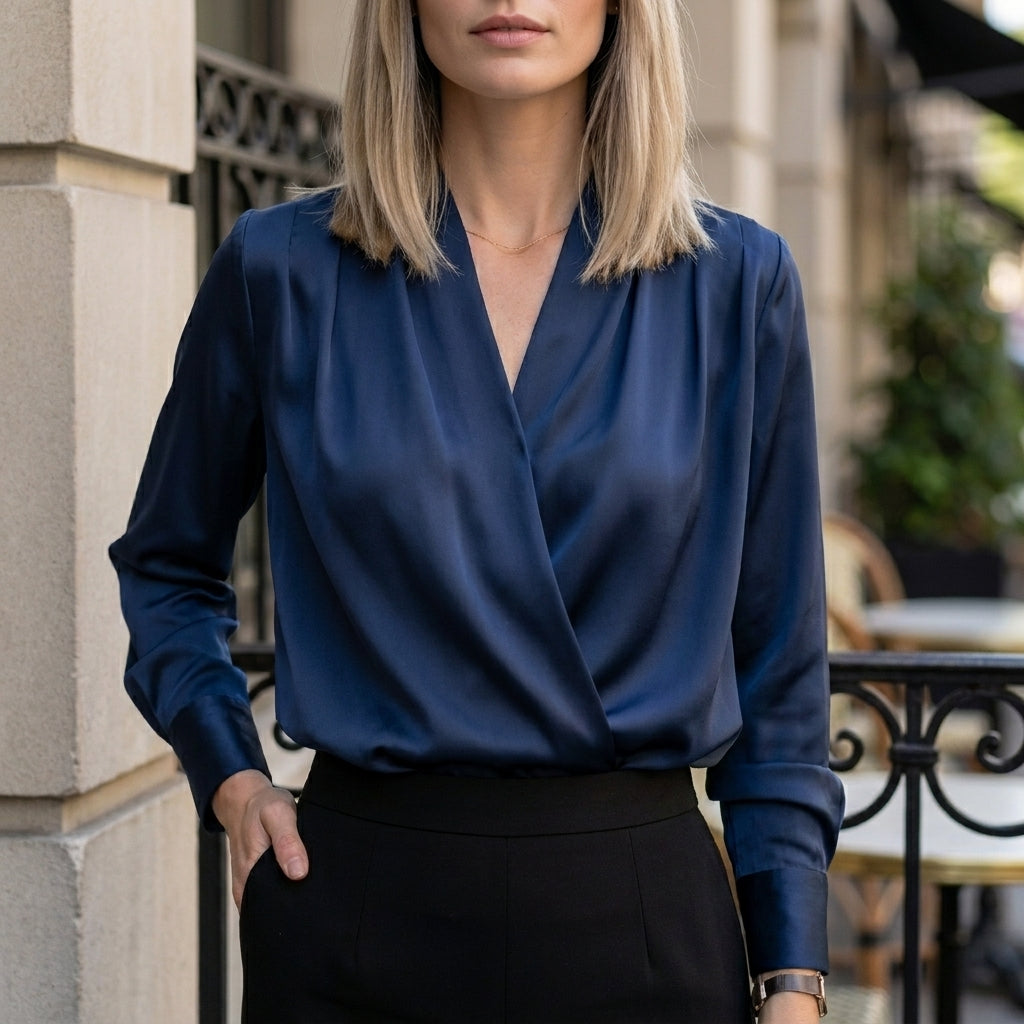 Navy blue women's summer blouse with V-neck and long satin sleeves, casual style, shown on a model.