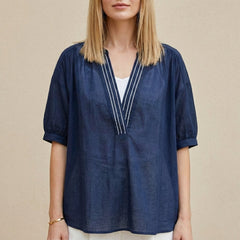 Navy blue women's summer blouse with V-neck and puff sleeves, stylish top from My Store.