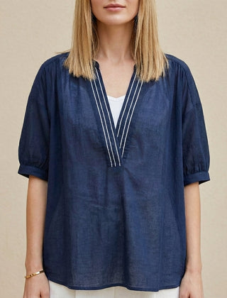 Navy blue women's summer blouse with V-neck and puff sleeves, stylish top from My Store.