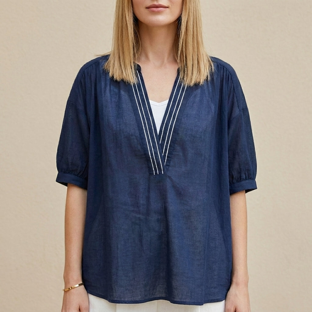 Navy blue women's summer blouse with V-neck and puff sleeves, stylish top from My Store.